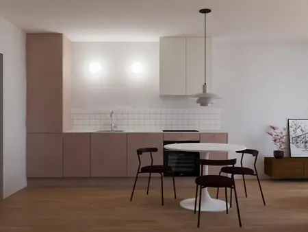 Minimalistyczna kuchnia w stylu skandynawskim z różowymi meblami i białymi akcentami.