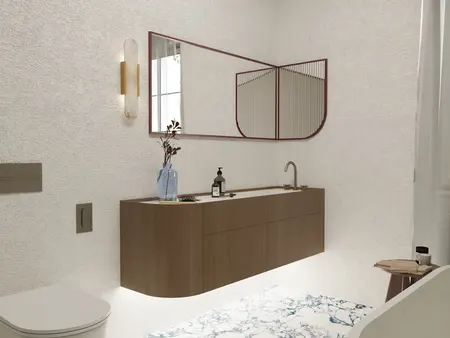 Nowoczesna łazienka w stylu soft minimalizm i vintage z drewnianymi elementami.