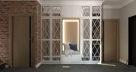 Stylowy przedpokój z ceglaną ścianą i białą zabudową rustykalną.