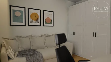 Salon z białą sofą, kolorowymi obrazami i drewnianą podłogą w stylu japandi i nowoczesnym.