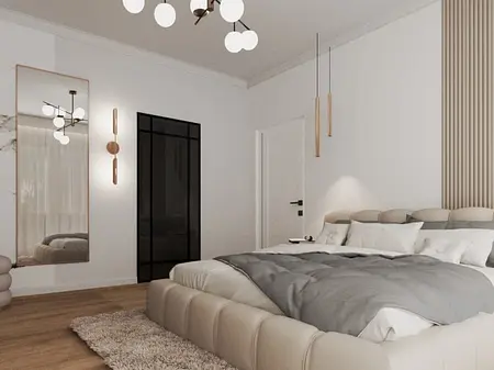 Sypialnia w stylu japandi z minimalistycznym wystrojem, soft minimalizm i skandynawski akcent.