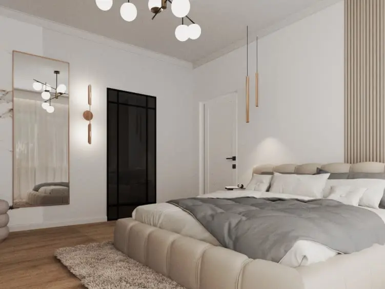 Sypialnia w stylu japandi z minimalistycznym wystrojem, soft minimalizm i skandynawski akcent.