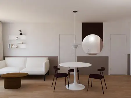 Minimalistyczny salon z białą sofą i okrągłym stołem, skandynawski wystrój.