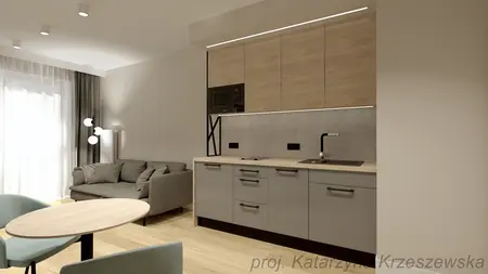 Kuchnia w stylu industrialnym, minimalistycznym i współczesnym z szarymi meblami i drewnianym akcentem.