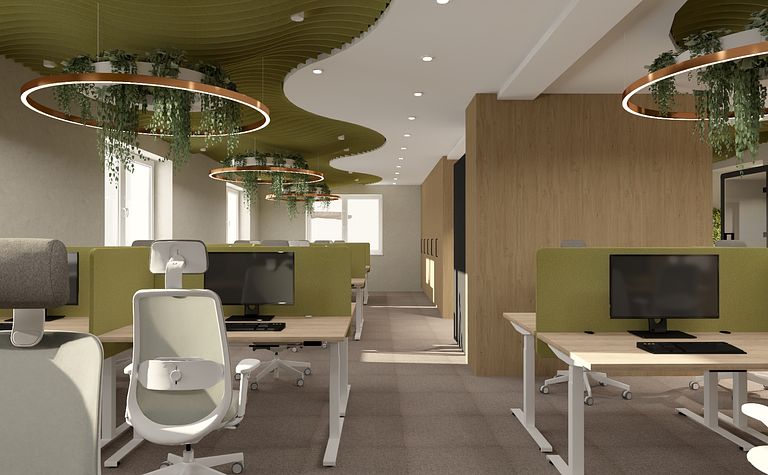 Wnętrze biura w stylu industrialnym i minimalistycznym z zielonymi dodatkami.