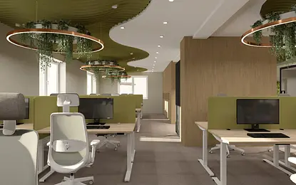 Wnętrze biura w stylu industrialnym i minimalistycznym z zielonymi dodatkami.