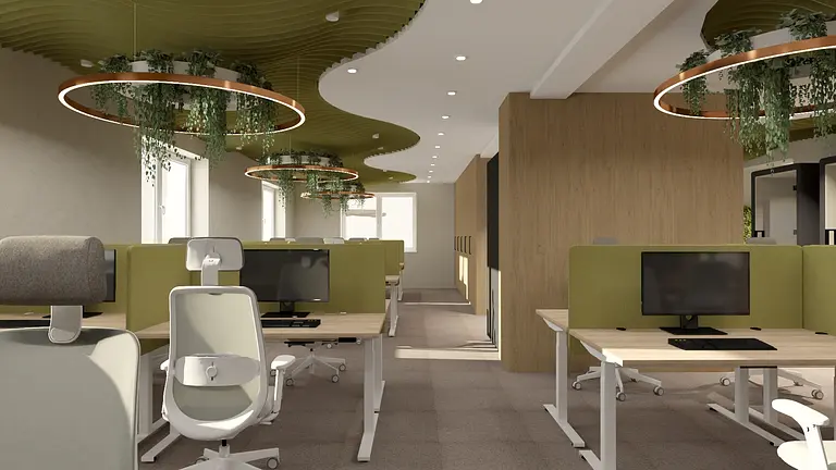 Wnętrze biura w stylu industrialnym i minimalistycznym z zielonymi dodatkami.