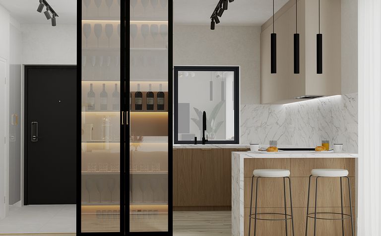 Wnętrze kuchni minimalistycznej z drewnianymi elementami i nowoczesnymi akcentami.