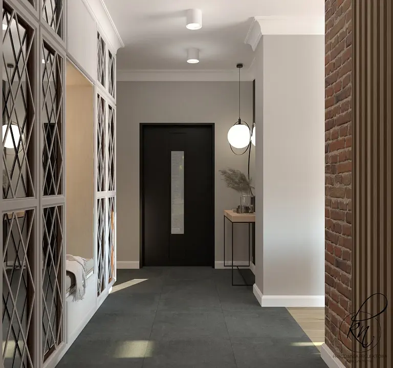Przedpokój w stylu rustykalnym z szarymi kafelkami i drewnianymi detalami.