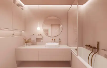 Wnętrze łazienki w stylu japandi, minimalistycznym z nowoczesnymi elementami.