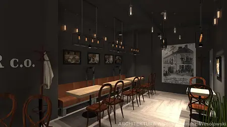 Wnętrze jadalni w stylu industrialnym z drewnianym stołem i lampami.