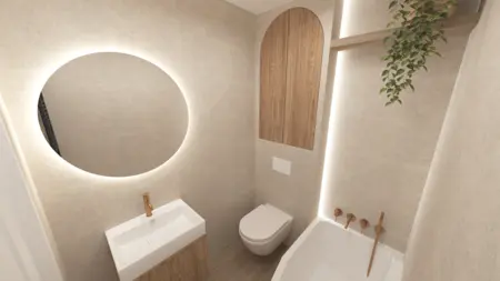 Wnętrze łazienki z drewnianymi meblami i nowoczesnym lustrem. Styl boho, japandi, minimalistyczny.