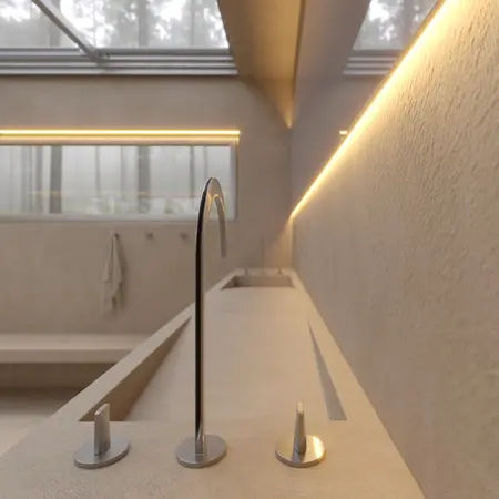 Wnętrze łazienki w stylu soft minimalizm z umywalką i oświetleniem LED.