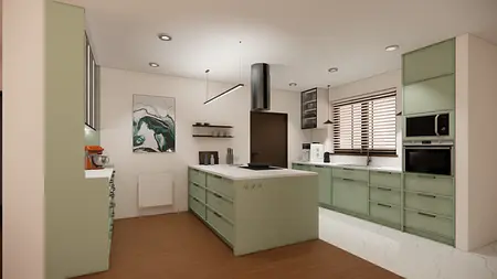 Kuchnia minimalistyczna z zielonymi meblami i nowoczesnymi akcesoriami.