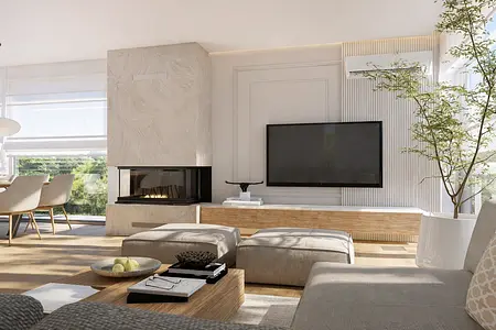 Wnętrze salonu z kominkiem, telewizorem i roślinnością.