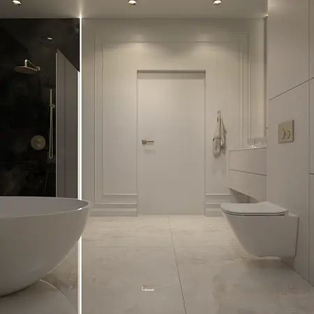 Nowoczesna łazienka z białą wanną, czarną kabiną prysznicową, eleganckimi detalami glamour.