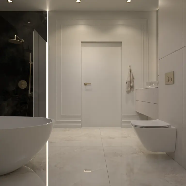 Nowoczesna łazienka z białą wanną, czarną kabiną prysznicową, eleganckimi detalami glamour.
