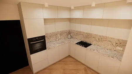 Nowoczesna kuchnia z jasnymi meblami i granitowym blatem, minimalistyczny styl.
