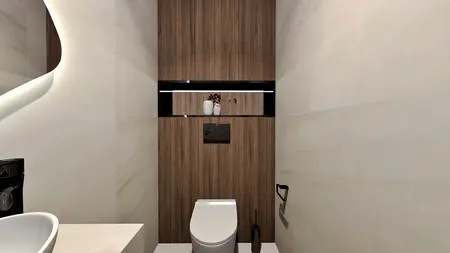 Wnętrze toalety z drewnianymi ścianami i białymi detalami, nowoczesny projekt.