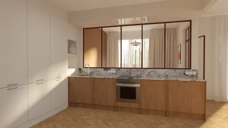 Kuchnia w stylu minimalistycznym z drewnianymi meblami i marmurowym blatem, soft minimalizm, vintage.