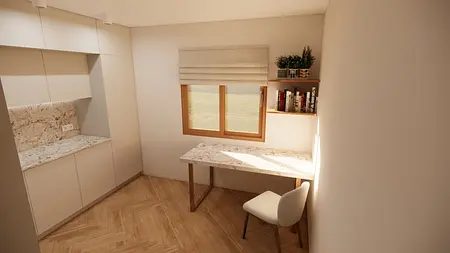Wnętrze gabinetu z minimalistycznym biurkiem i regałem, nowoczesne oświetlenie.