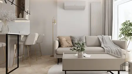 Wnętrze salonu z meblami w stylu glamour, industrialnym oraz nowoczesnym.