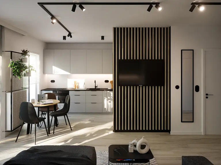 Wnętrze kuchni w stylu industrialnym i nowoczesnym z szarymi meblami.