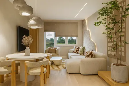 Stylowe wnętrze japandi z jasnym salonem, okrągłym stołem i roślinami