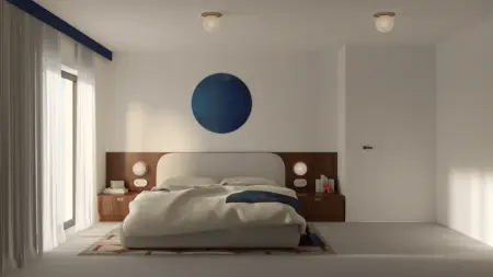 Wnętrze sypialni z minimalistycznym designem, dopaminowym wystrojem i współczesnymi detalami.
