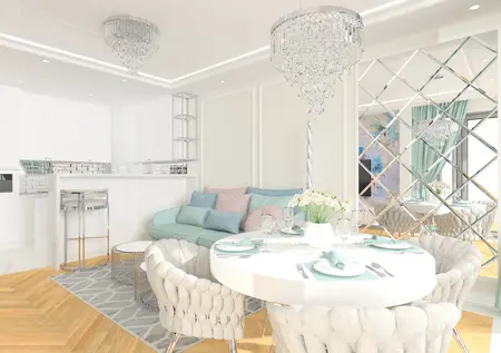 Wnętrze salonu w stylu glamour z jasnymi meblami i drewnianą podłogą.