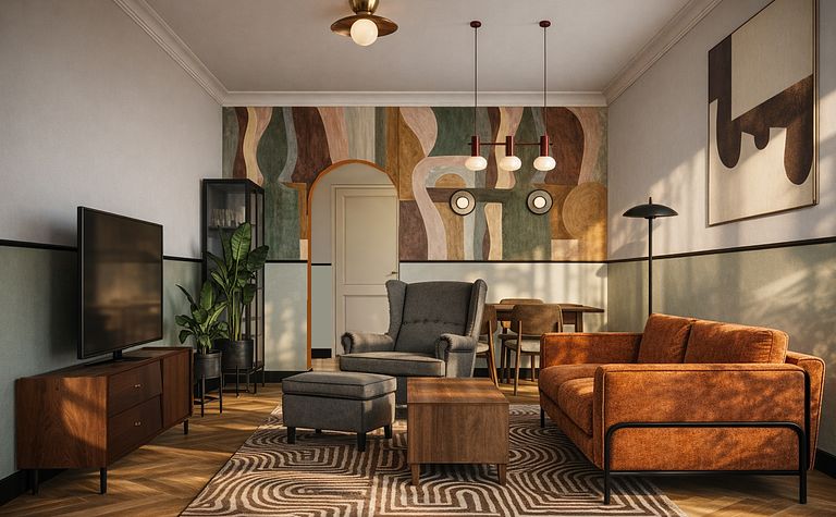 Wnętrze salonu w stylach art deco, boho, vintage z brązową sofą i zielonymi roślinami.