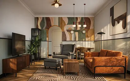 Wnętrze salonu w stylach art deco, boho, vintage z brązową sofą i zielonymi roślinami.