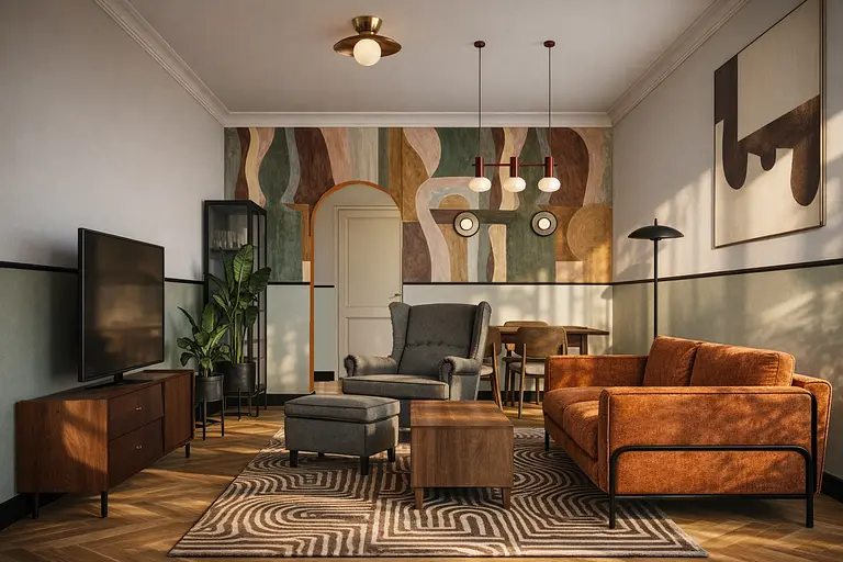 Wnętrze salonu w stylach art deco, boho, vintage z brązową sofą i zielonymi roślinami.