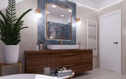 Nowoczesna łazienka glamour z drewnianą szafką, niebieskimi detalami i rośliną.