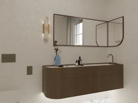 Wnętrze łazienki w stylu soft minimalizm i vintage z drewnianymi akcentami.
