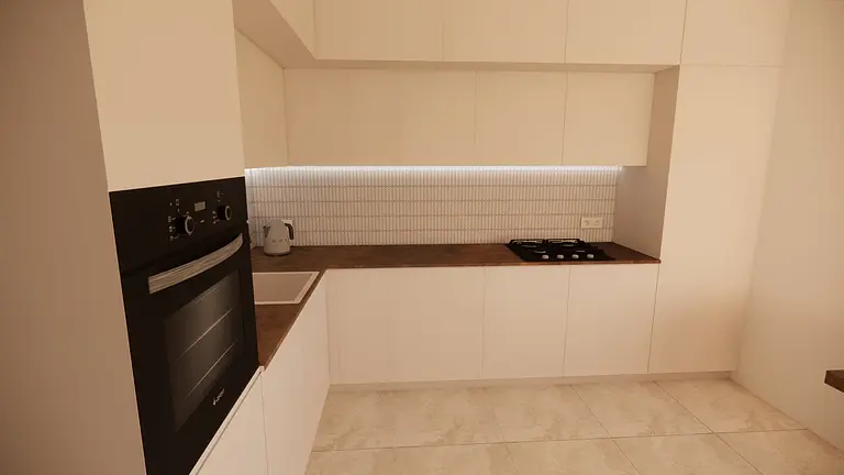Kuchnia minimalistyczna z białymi meblami i współczesnym blatem