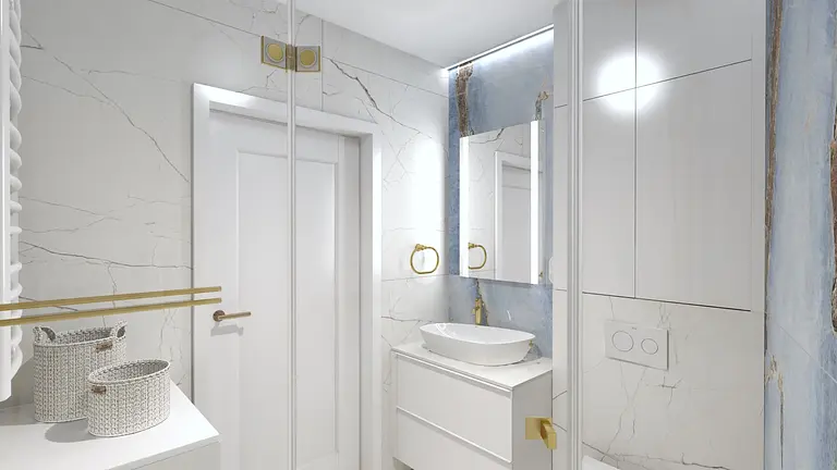 Nowoczesna łazienka z białymi meblami i złotymi detalami, styl quiet luxury