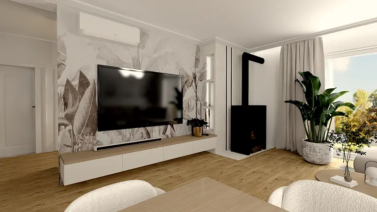 Wnętrze salonu z telewizorem, drewnianą podłogą i roślinami.