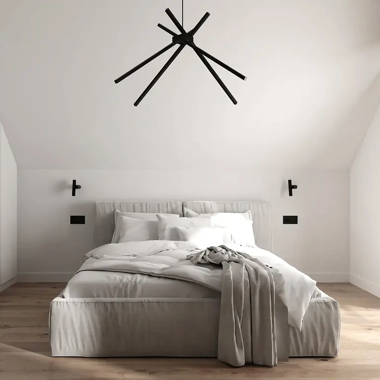 Sypialnia w stylu japandi z minimalistycznym łóżkiem i soft minimalizmem.
