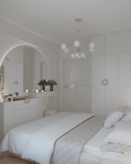 Sypialnia w stylu glamour i nowoczesnym z białymi meblami i złotymi detalami.