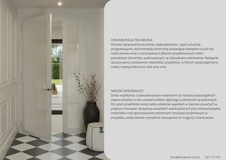 Wnętrze przedpokoju z białymi drzwiami, czarną podłogą w romby i roślinnością.