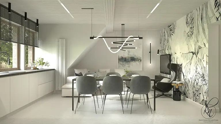 Jadalnia z szarymi krzesłami, minimalistyczny design i białe meble