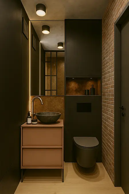 Łazienka w stylu industrialnym z brązowym umywalką i czarną toaletą