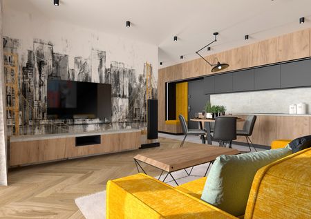 Wnętrze w stylu industrialnym z żółtą sofą i drewnianymi meblami.