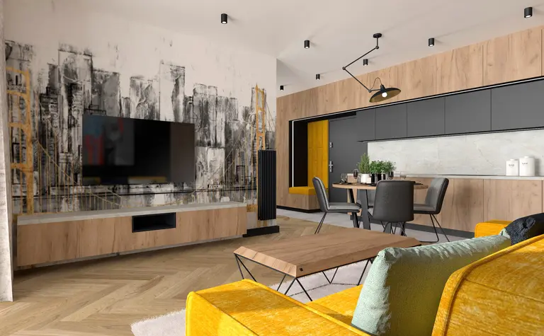 Wnętrze w stylu industrialnym z żółtą sofą i drewnianymi meblami.