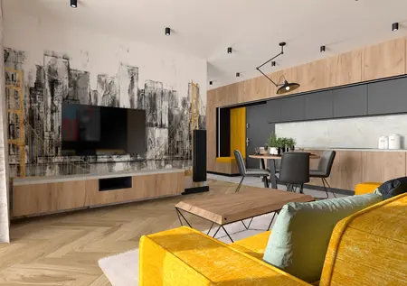 Wnętrze w stylu industrialnym z żółtą sofą i drewnianymi meblami.