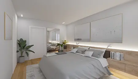 Wnętrze sypialni w stylu minimalistycznym z szarym łóżkiem i drewnianymi detalami.