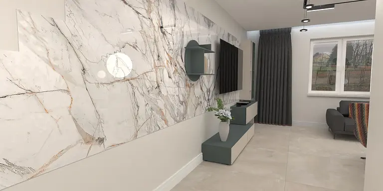 Wnętrze z białą ścianą, szarymi meblami i roślinami, styl dopamine decor, industrialny, japandi, minimaluxe, nowoczesny, quiet luxury, współczesny.
