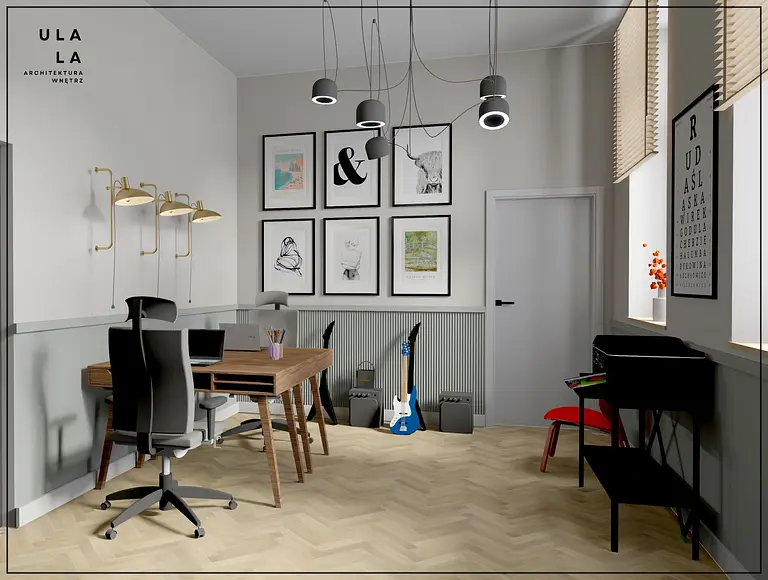 Wnętrze biura w stylu vintage z drewnianym biurkiem i szarymi ścianami