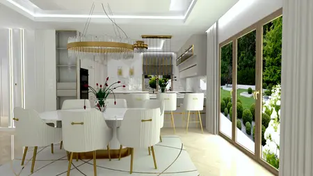 Wnętrze jadalni w stylu glamour z białymi meblami i złotymi detalami.